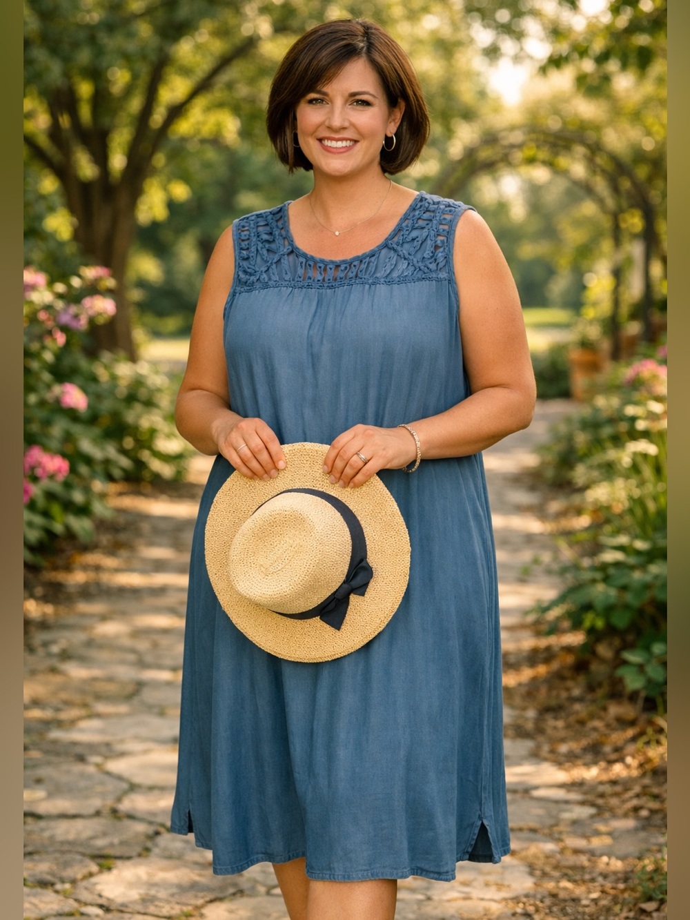 2X Sleeveless Blue chambray style Dress with lattice detail